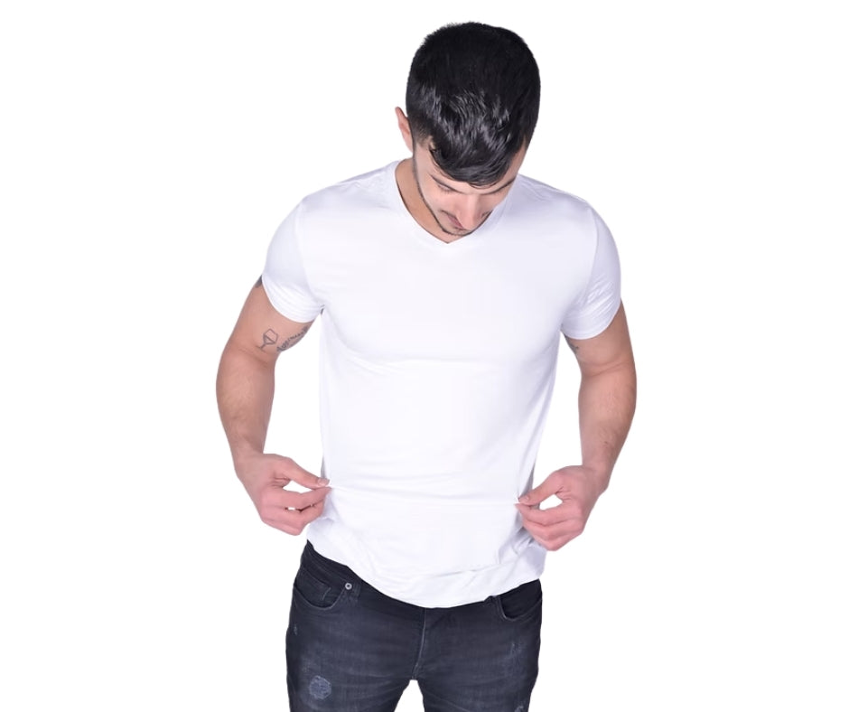 BREEZE חולצת במבוק טי קצר צווארון וי גברים