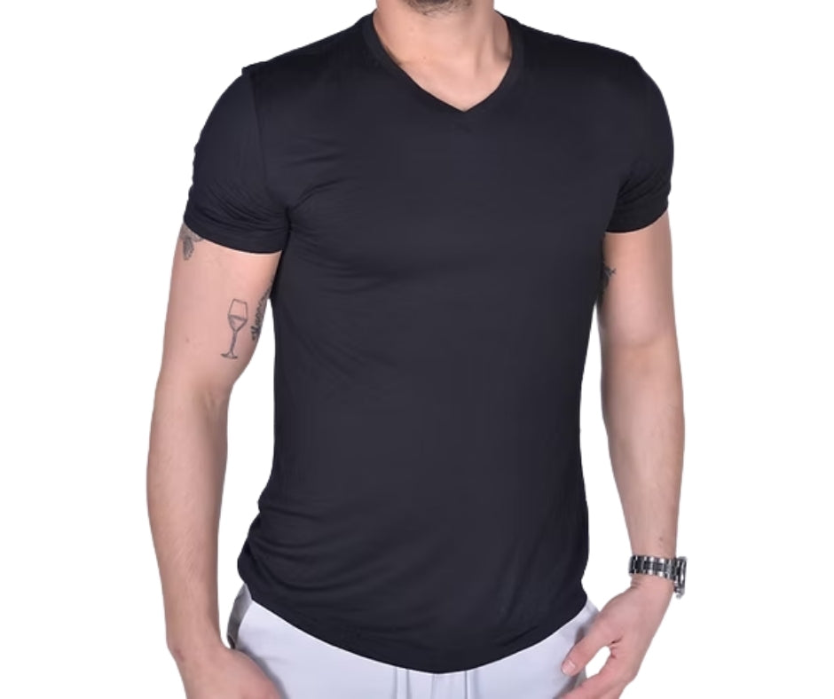 BREEZE חולצת במבוק טי קצר צווארון וי גברים