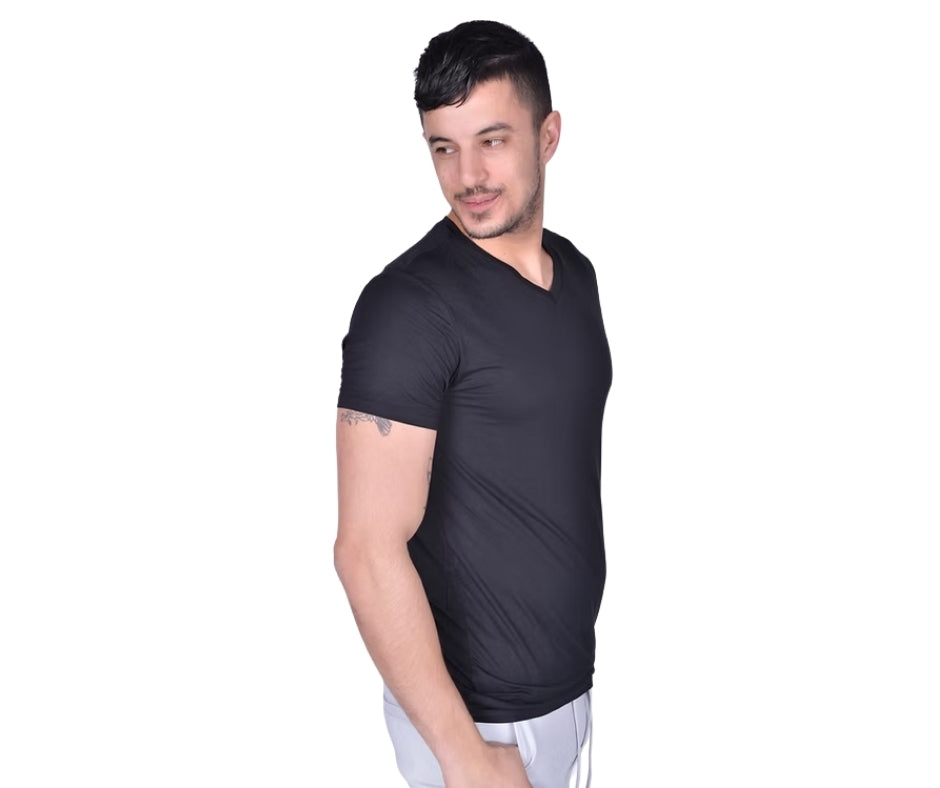 BREEZE חולצת במבוק טי קצר צווארון וי גברים