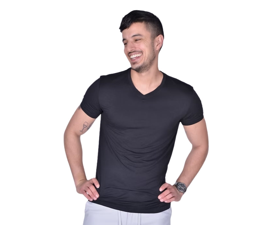 BREEZE חולצת במבוק טי קצר צווארון וי גברים