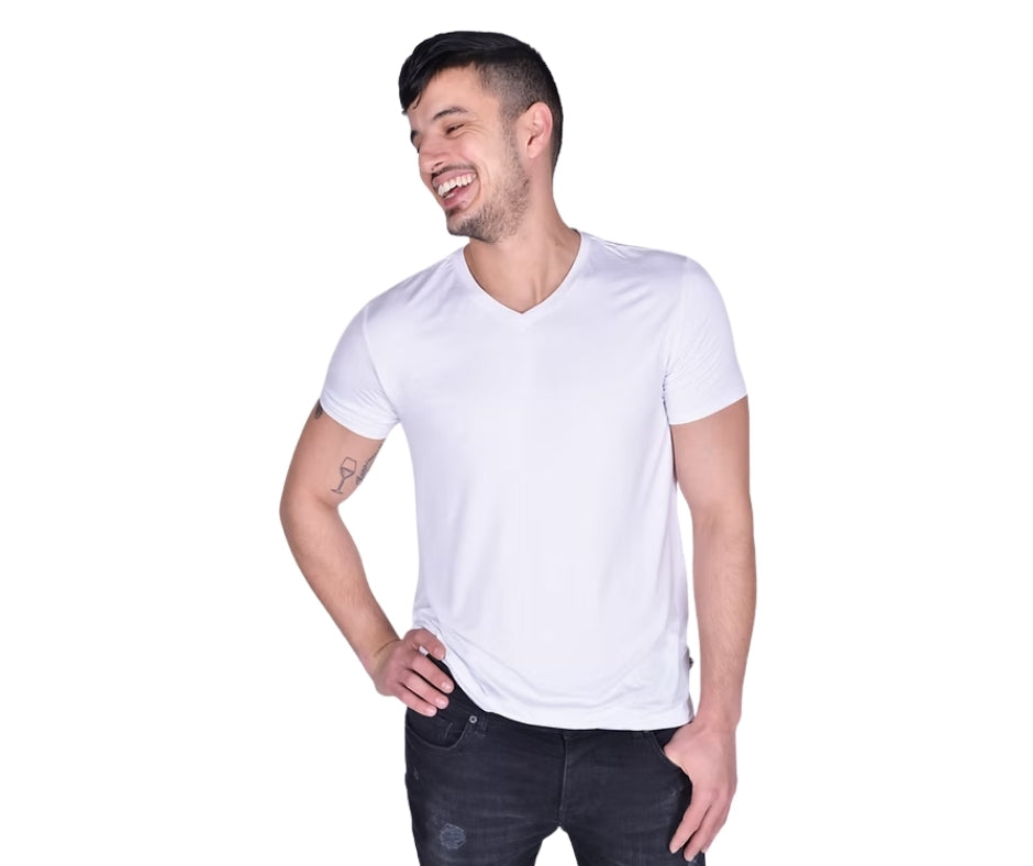 BREEZE חולצת במבוק טי קצר צווארון וי גברים